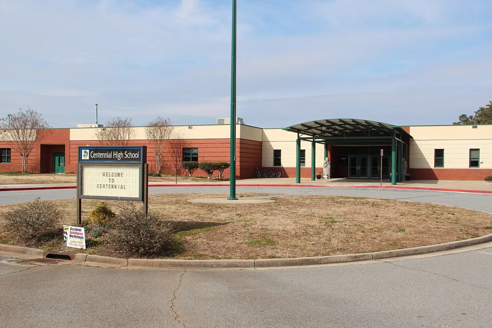 The entrance to Centennial High School on Scott Road in Roswell